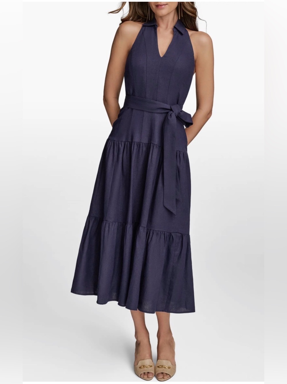 Donna Karan New York Linen Blend Halter Dress in Ink color